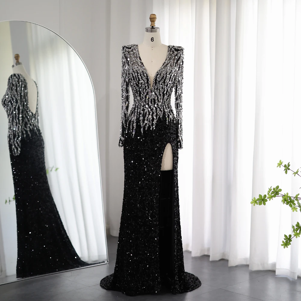 Black Sequined Evening Dresses for Women Fashion V-Neck Long Sleeves Mermaid Gowns Chic Side Slit Formal Party Prom Dresses