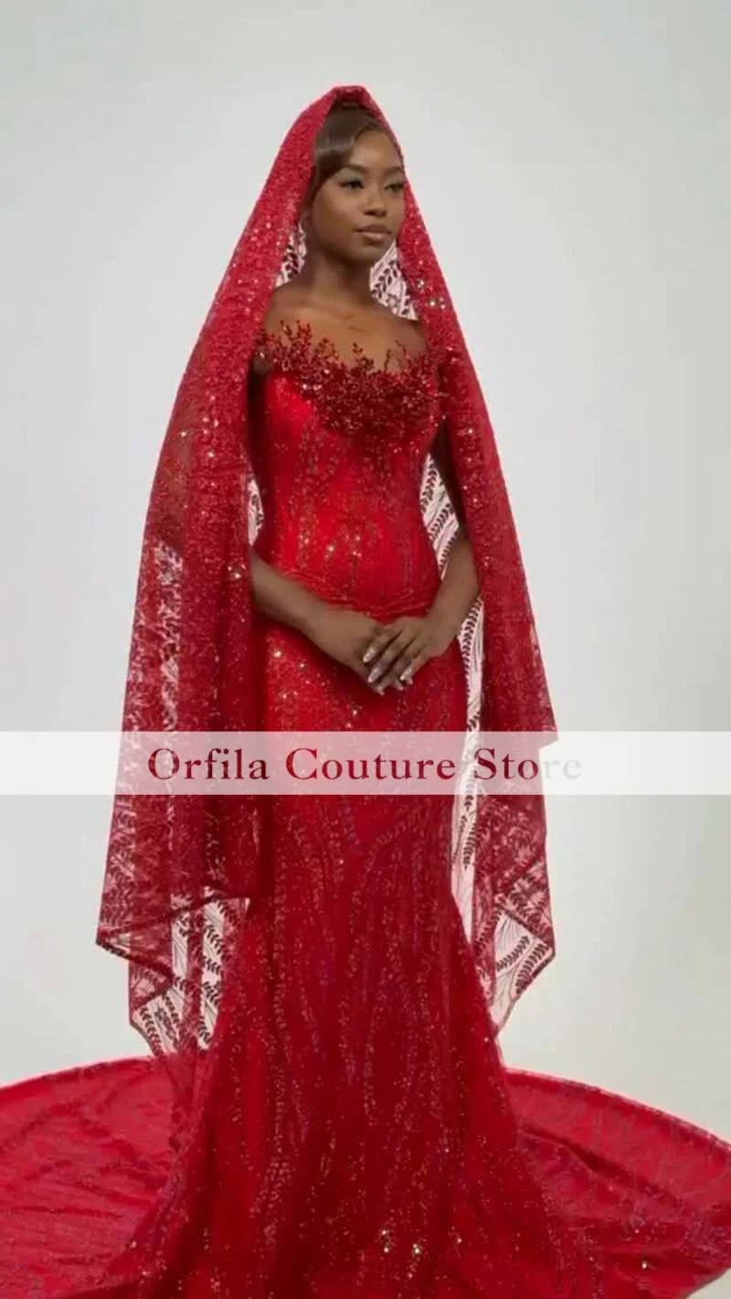 Romantic Red Prom Dresses 2026 With Matching Veil Women African Arabic Birthday Party Gown Evening Dress Customized