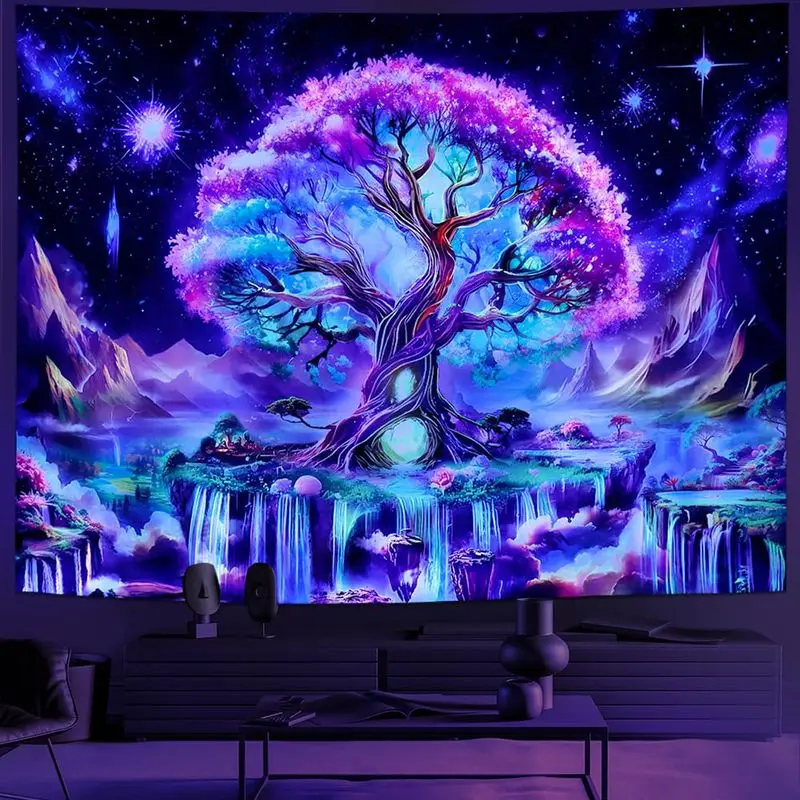 VIKAMA Purple Pink Tree of Life Waterfall Starry Blacklight Tapestry UV Reactive Trippy Wall Hanging Home Decor Soft Durable