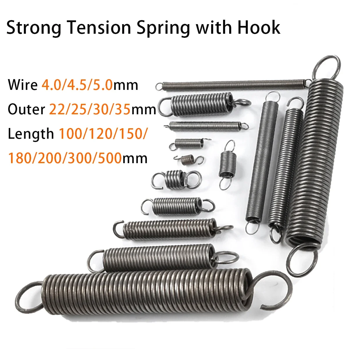 

Strong Tension Spring with Single Hook,Spring Steel,Wire 4/4.5/5Mm,Outer 22-35Mm,Length 100-500Mm,Support Customization