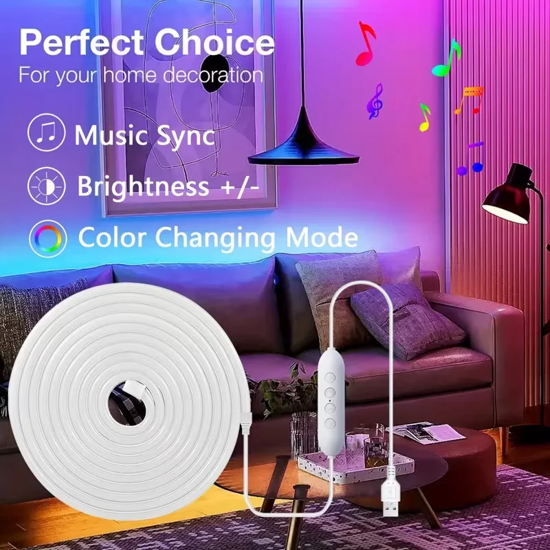 1m to 5m Low-Voltage 5 Rgb Neon Led Light Strips with USB Power Supply, Equipped with 4-Key Control, Allowing for Adjustable Light Color and Brightness, the Lights Can Change with the Rhythm in Music Mode, Flexible Str