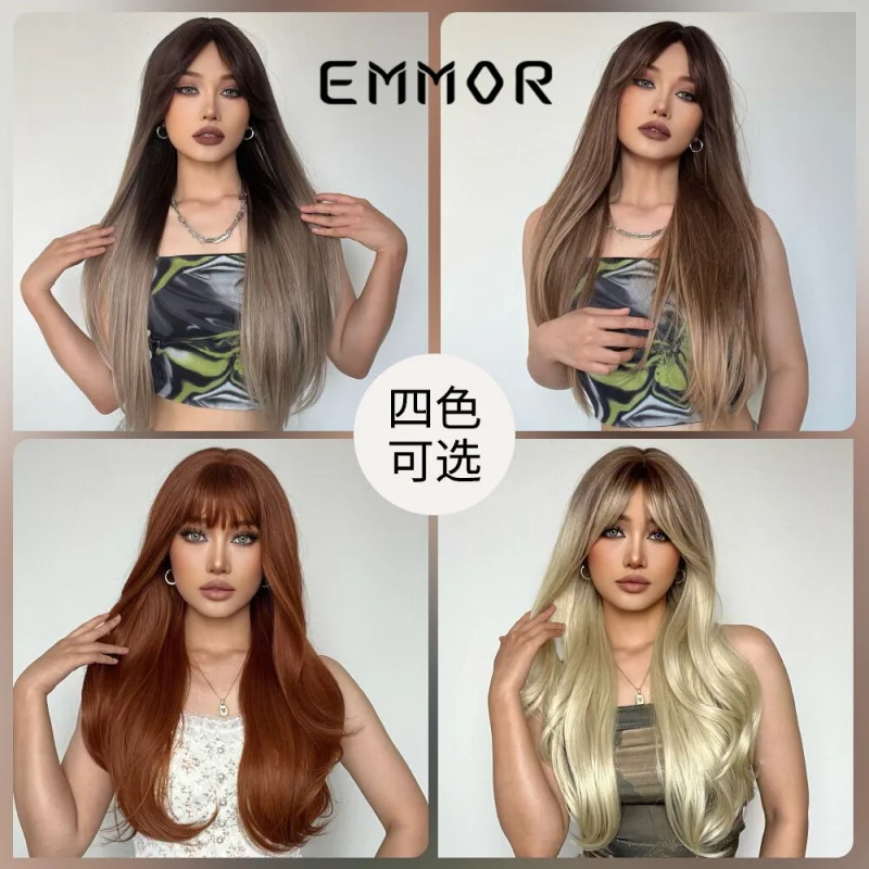 

Gradient white-gold color long curly hair with bangs, synthetic fiber wig