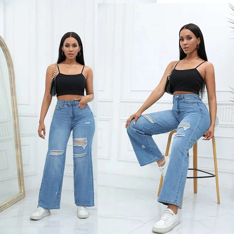 New Designer Women Broken Holes Jeans Tassel Bootcut Jeans Casual All-Match High Street Style Cropped Pants Commuter Denim Pants