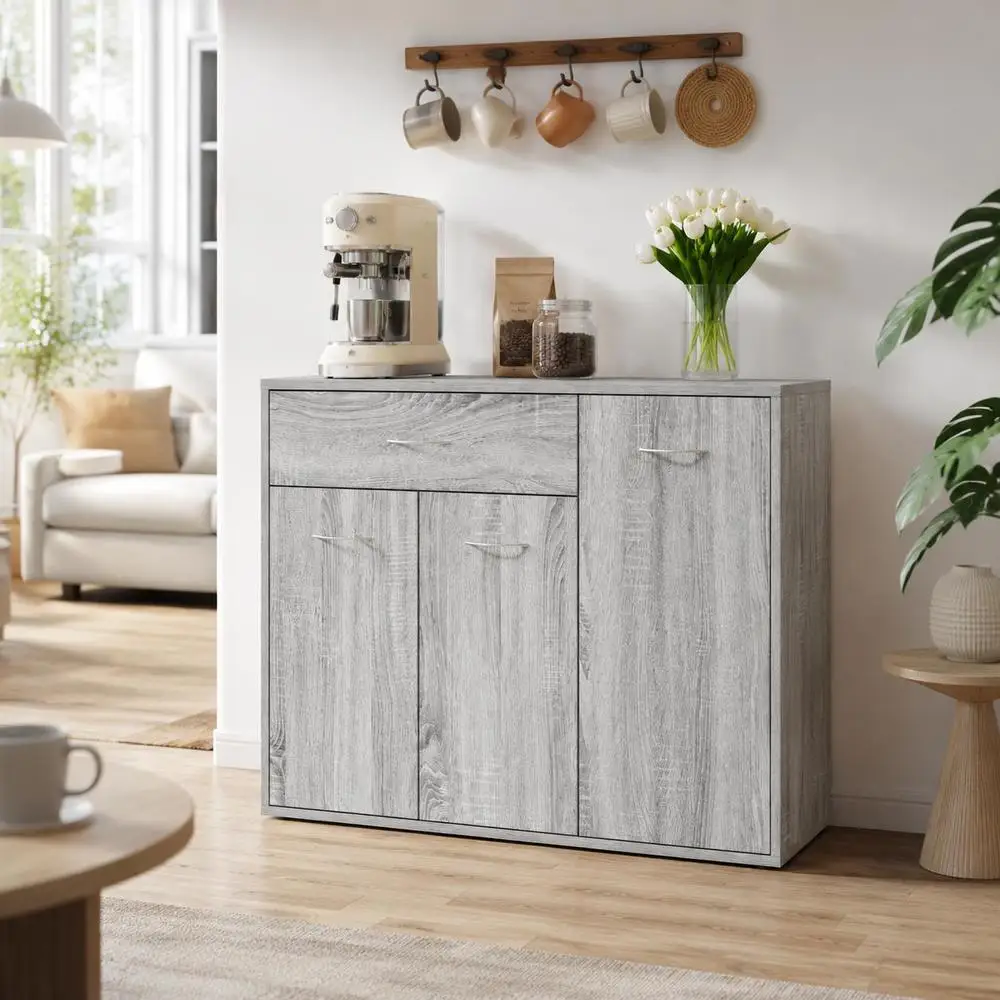 Buffet Sonoma Gris, Meuble de Rangement en Bois Composé avec 4 Compartiments, Console Minimaliste Moderne pour Salon et Entrée, Surface Facile à Nettoyer, 88x30x70 Cm