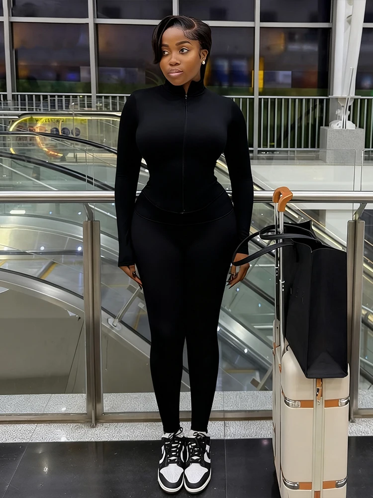 Kliou Casual Semplice Set da 2 pezzi Donna Zip Colletto alla coreana Top a maniche lunghe + Pantaloni lunghi skinny Tuta classica di moda quotidiana di base