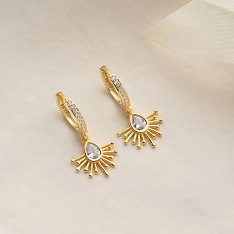 925 Silver Needle Water Drop Half Sun Pendant Micro-set Earrings Round Crystal Zircon Punk Trendy Earrings Fashion Party Jewelry