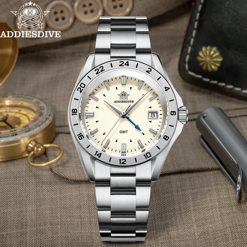 

ADDIESDIVE 38mm Men's GMT Watch Sapphire Glass 316L Stainless Steel 200m Waterproof Wrist Watch Quartz Luxury Watches For Men