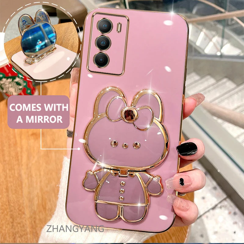 Case For vivo T1 Electroplated straight edge silicone phone case cute 3D rabbit with built-in mirror for anti drop