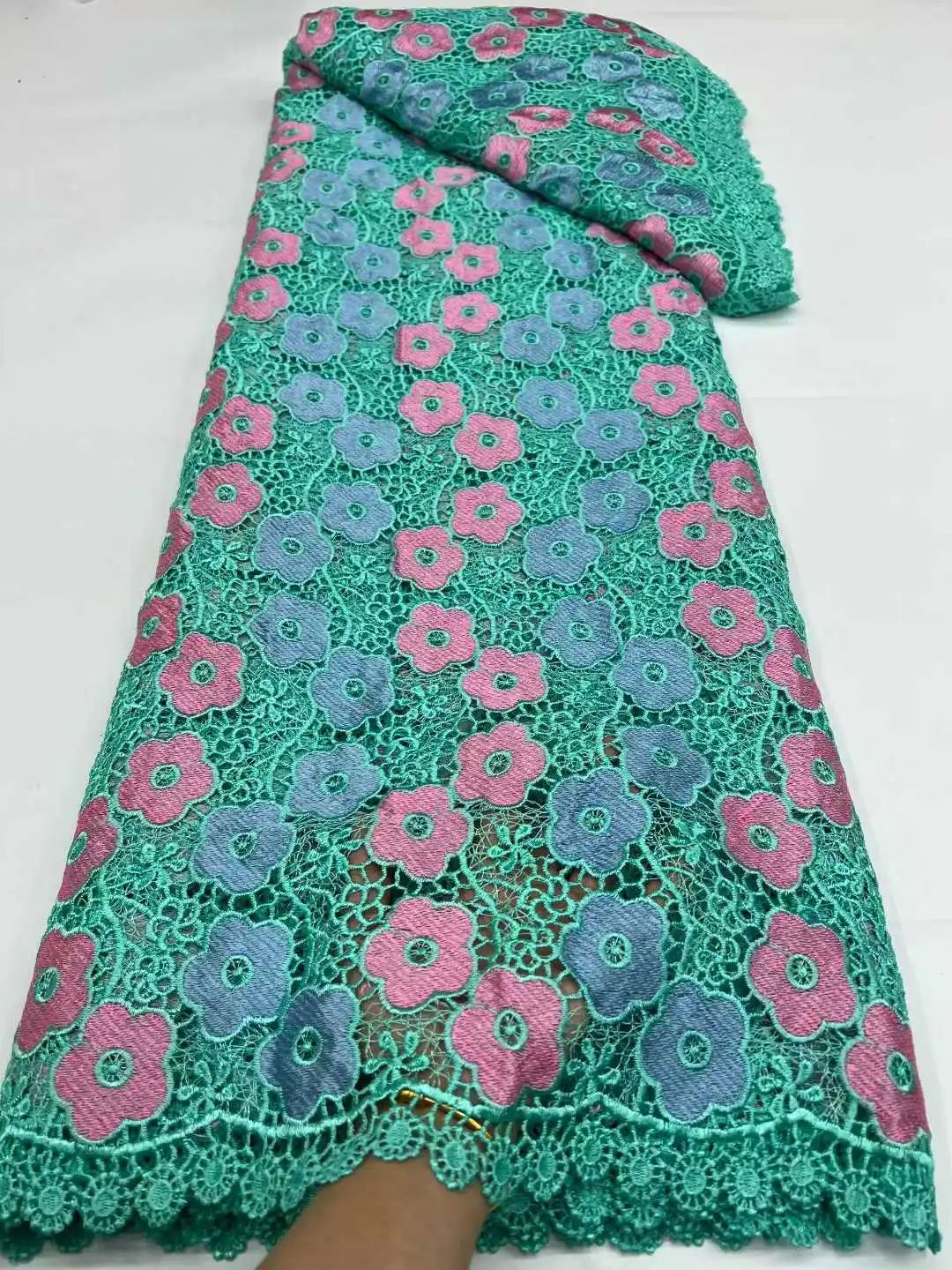 

5Yards African Guipure Lace Fabric Latest High Quality Nigerian Cord Lace Fabrics for Party dress sewing blue and pink