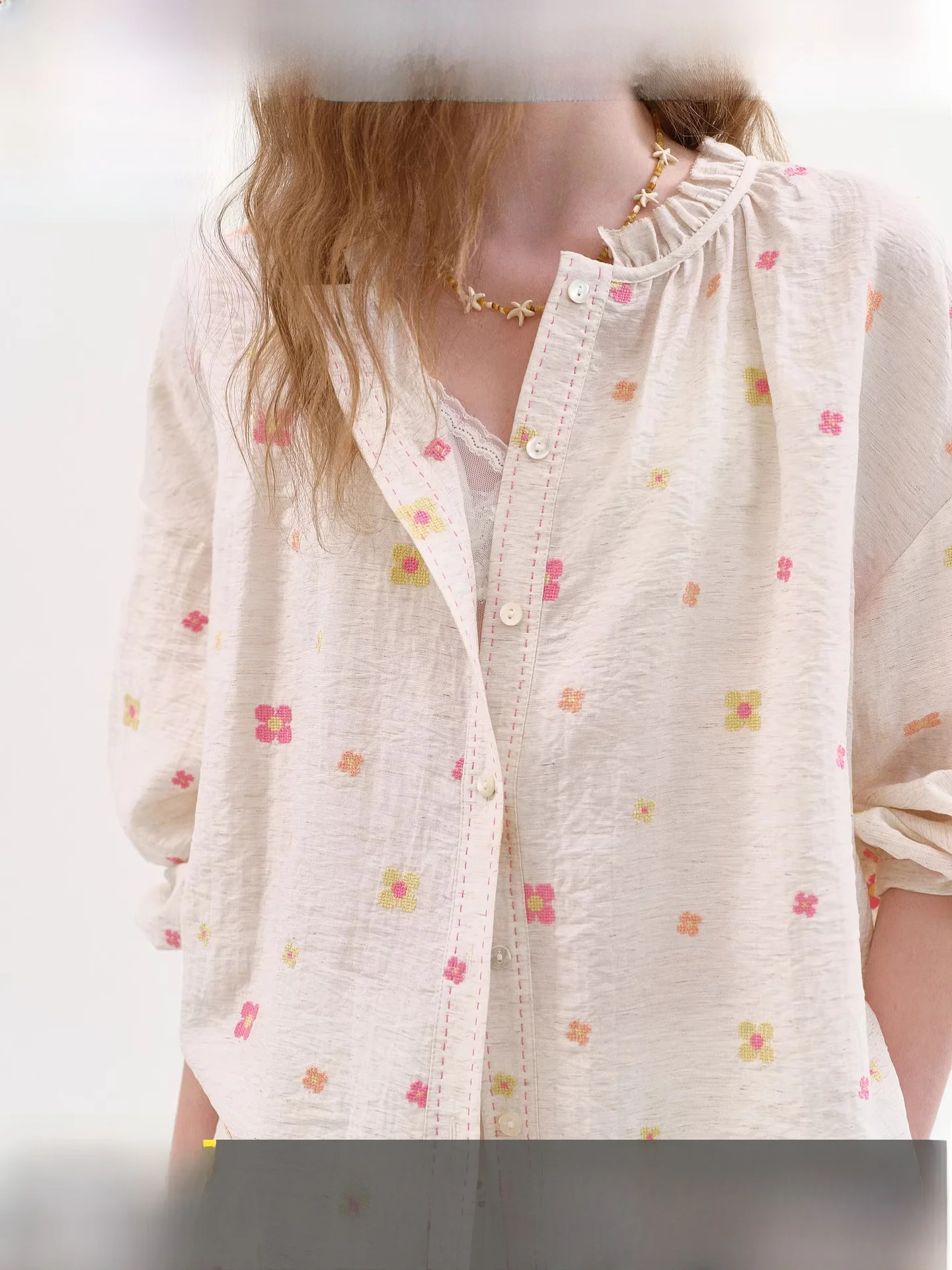 

Fano Women's Embroidered Cotton Linen Feel round Neck Shirt Summer New Style Sun Protection Top Romantic Wild Style Commute S...