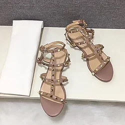 Women Fashion Gold Rivets Lock Studs Sandals Round Toe Real Soft Leather Sheepskin Shoes Flats In Purple Red Gold Wide Fits 35-4