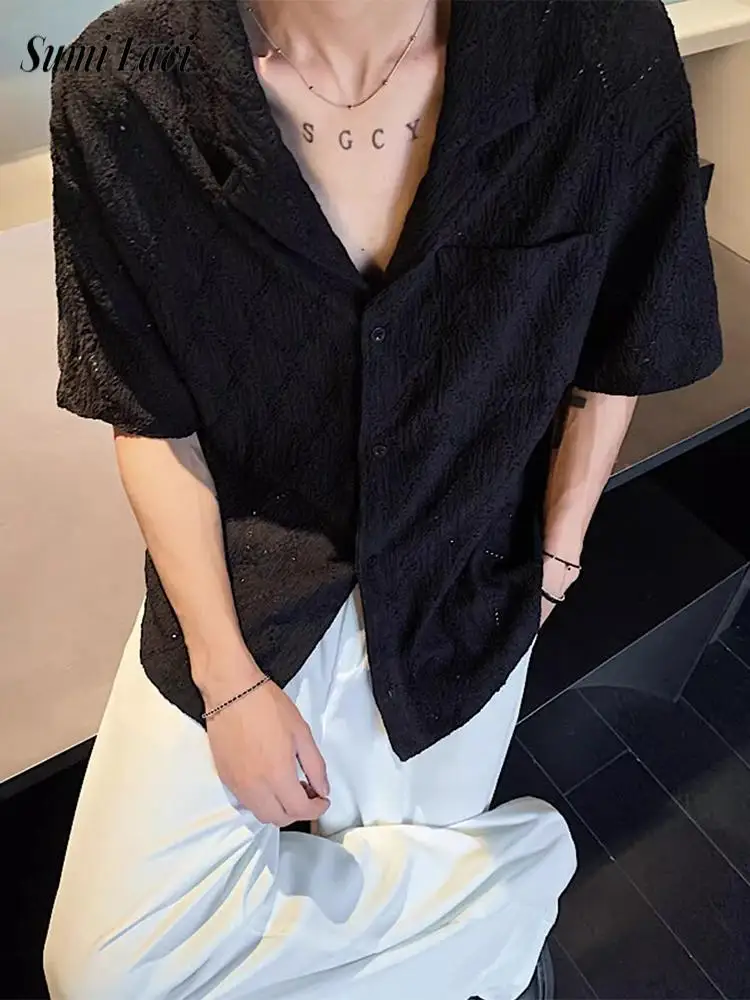

Y2K Men's Hollow Out Shirts Knitting Turn-down Collar Button-up Short Sleeve Casual Shirt Men Summer Fashionable Solid Shirts