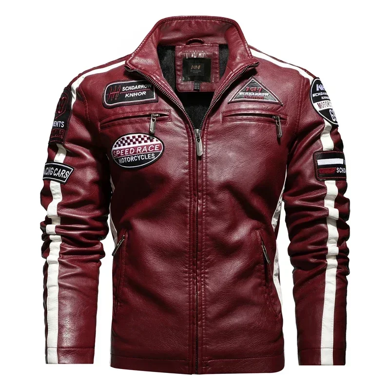 Autumn Winter Men's Motorcycle PU Leather Jacket Color Block Patchwork Plus Velvet Racing Suit Leather Jacket Man Large Size 4XL