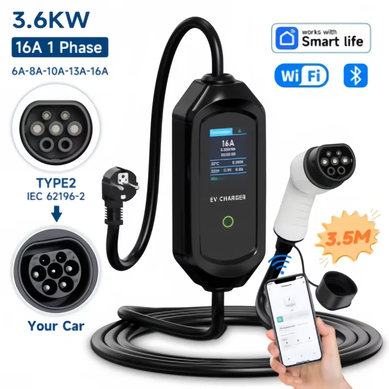 JNTAFEV Type2 Elektrische Autolader 3.6KW 16A Draagbare Lader EV Laadstation Wallbox WiFi APP Bluetooth Controle 110-240V
