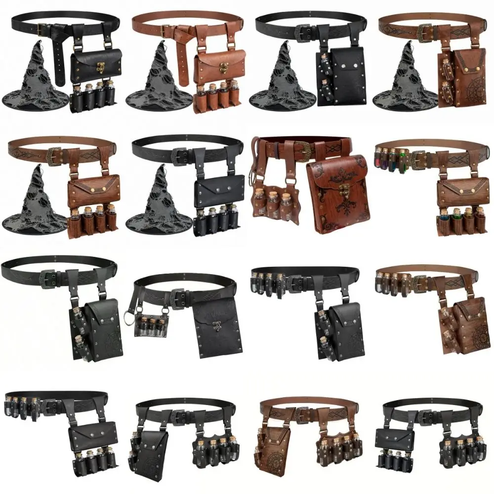 2/3/4-teiliges geprägtes mittelalterliches Zauberer-Cosplay-Set, Vintage-Fantasy-Mittelalter-Lederanhänger, Ritter mit Trankflaschen – Detail 2