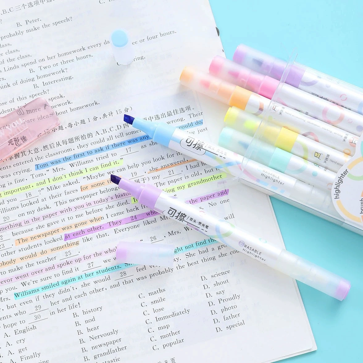 6 Colors Erasable Highlighters Chisel Tip No Bleed Through Paper Back To School Student Classroom Essential Stationery Supplies
