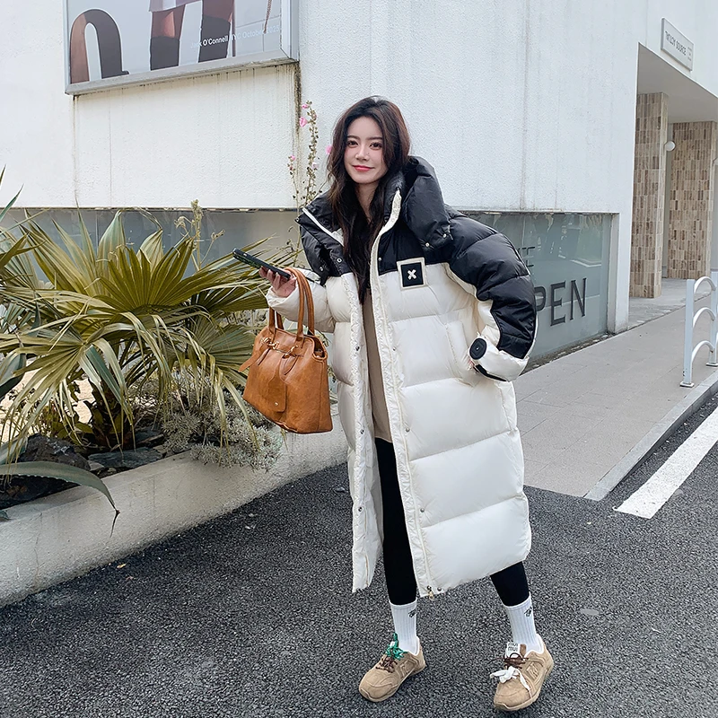 Extended Length Over-Knee Women's Cotton Jacket Thickened down Cotton splice Outerwear Winter Korean Version Student Coat