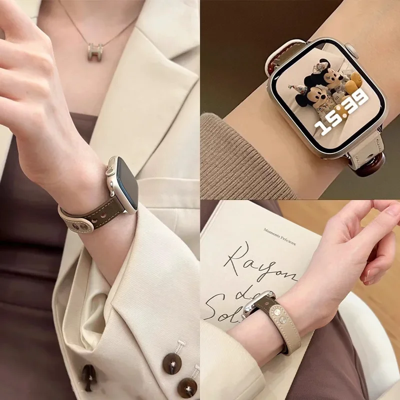 Tali kulit tipis untuk jam tangan cerdas Apple, tali kulit tipis untuk jam tangan cerdas Apple, ikat pinggang 10 9 8 49mm 41mm 40mm, 42mm, 44mm, 45mm, tali gelang jam untuk wanita, iwatch 7 6 4 se Ultra