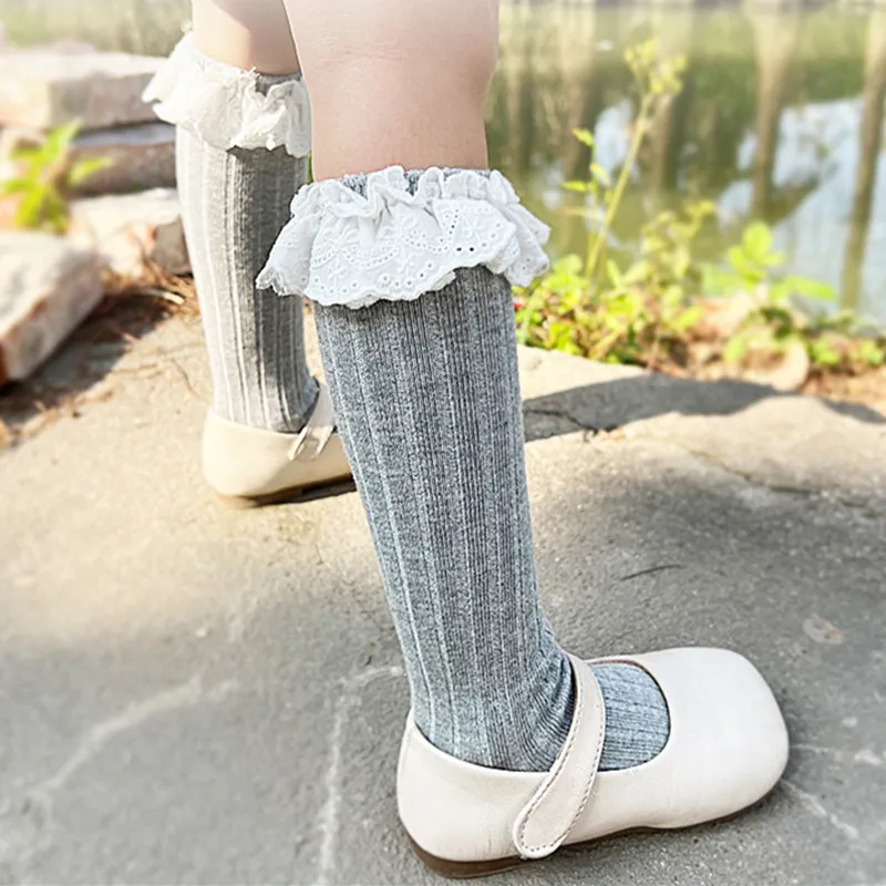 New Baby Girls Knee High Socks Soft Cotton Kids Lace Frilly Flower Cute Long Socks Princess Children Ruffle Sock For 0-5Years