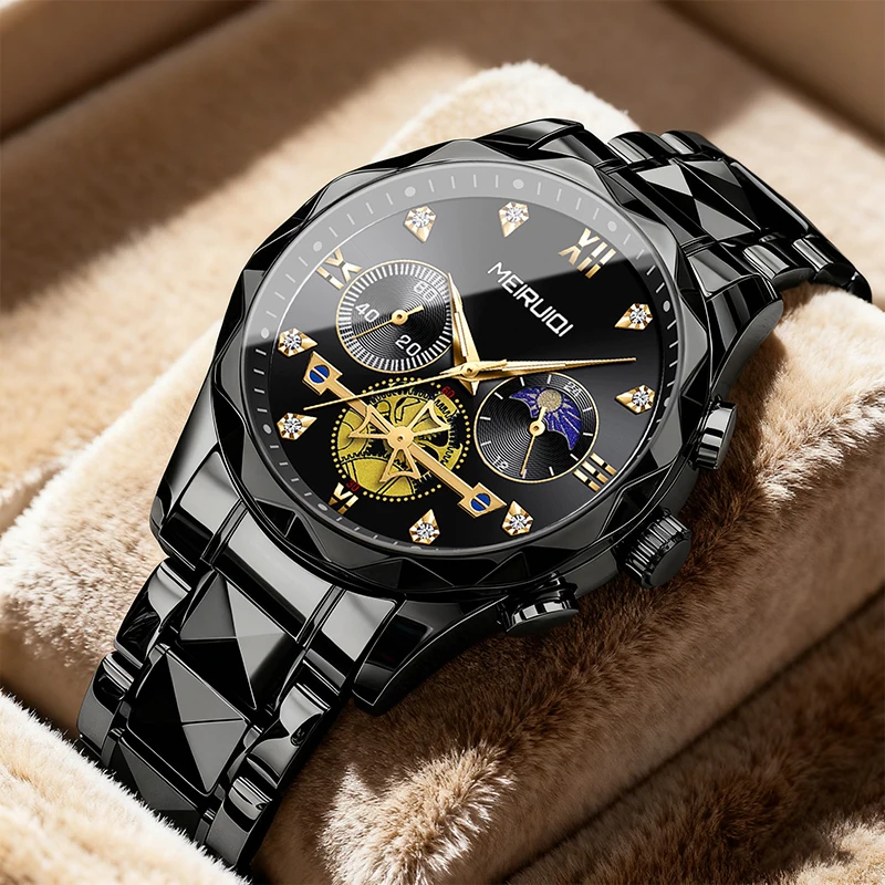 

Мужские черные кварцевые часы в повседневном стиле с индикатором фазы луны и крестообразной шкалой.