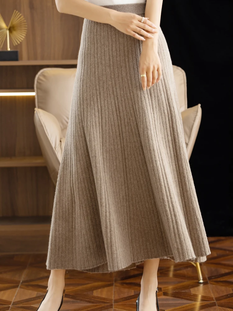 CHICUU 2024 Women Autumn Winter Wool Skirt Long Pleated Skirt 100% Merino Wool Knitwear Grace Soft Dress Korean Style Skirt