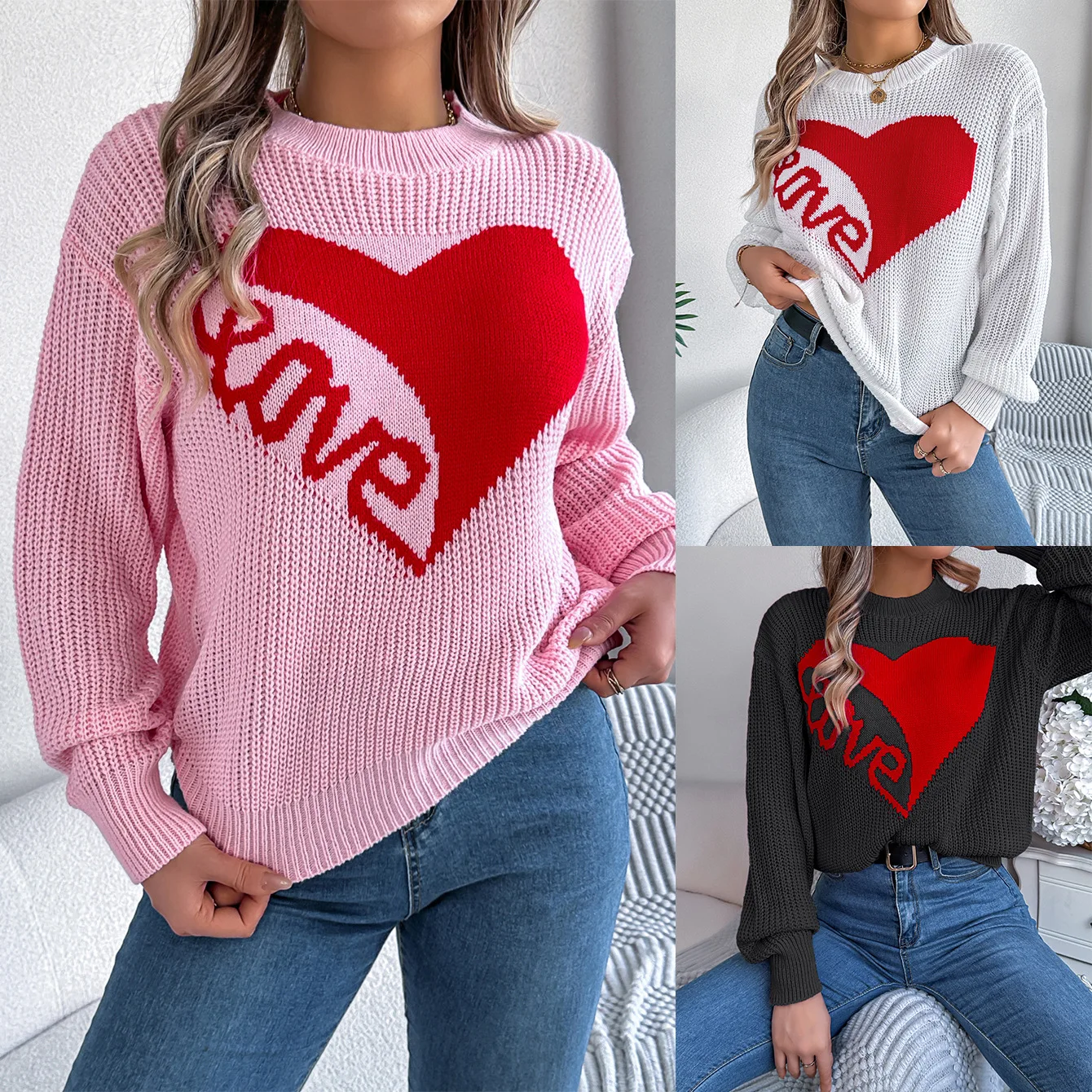 Autumn and Winter Europe and America Sweater Women Leisure Color Blocking Love Long Sleeves Comfortable Ventilate Base Layer