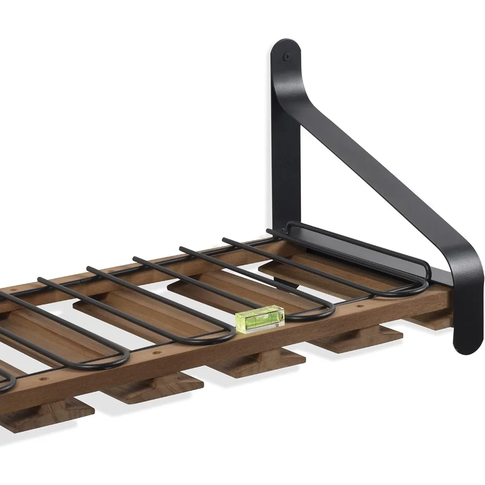 Casier à vin mural en bois rustique avec support en verre pour 5 bouteilles et 15 verres - Décor de bar de cuisine