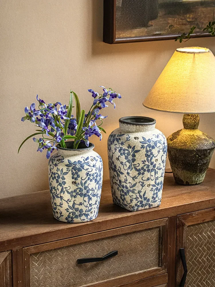 Song Dynasty Aesthetics Ornament Blue and White Porcelain Retro Ice Crackle Ceramic Vase Housewarming Study Room Chinese Decor