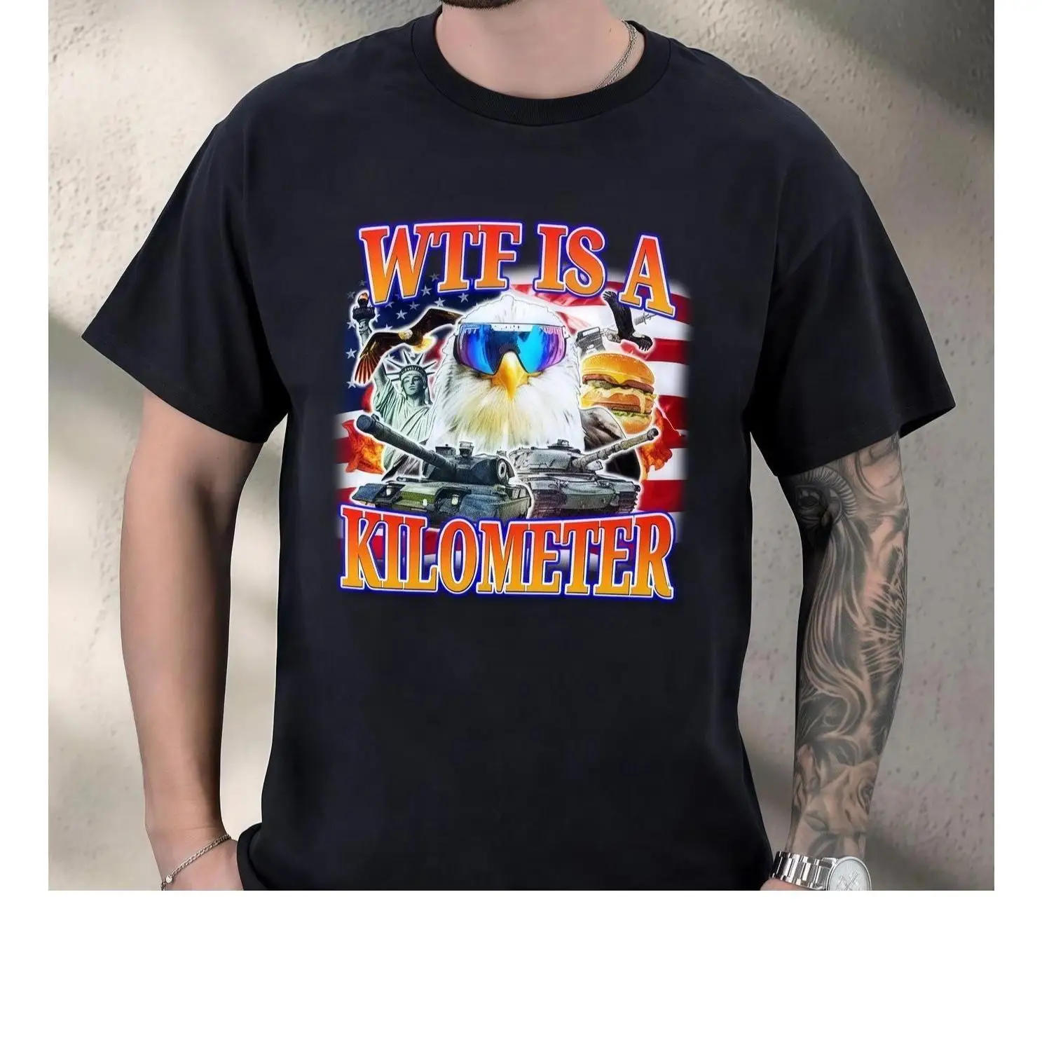 

Funny American Patriot T-Shirt, WTF IS A KILOMETER USA Flag Eagle Graphic Tee, Unisex Military Veteran Humor Gift