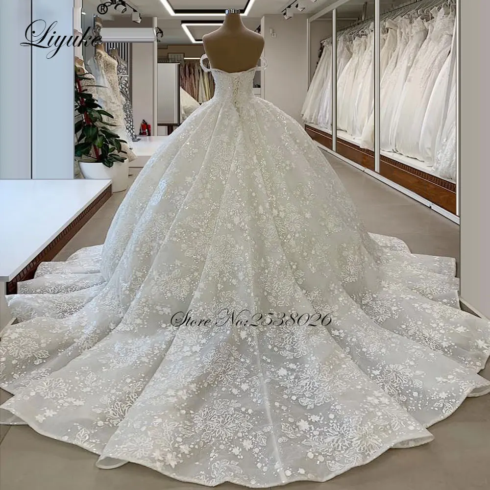 Liyuke Exquisite Off The Shoulder Ball Gown Wedding Dress With Rhinestones Beads Sweetheart Corset Bridal Gown