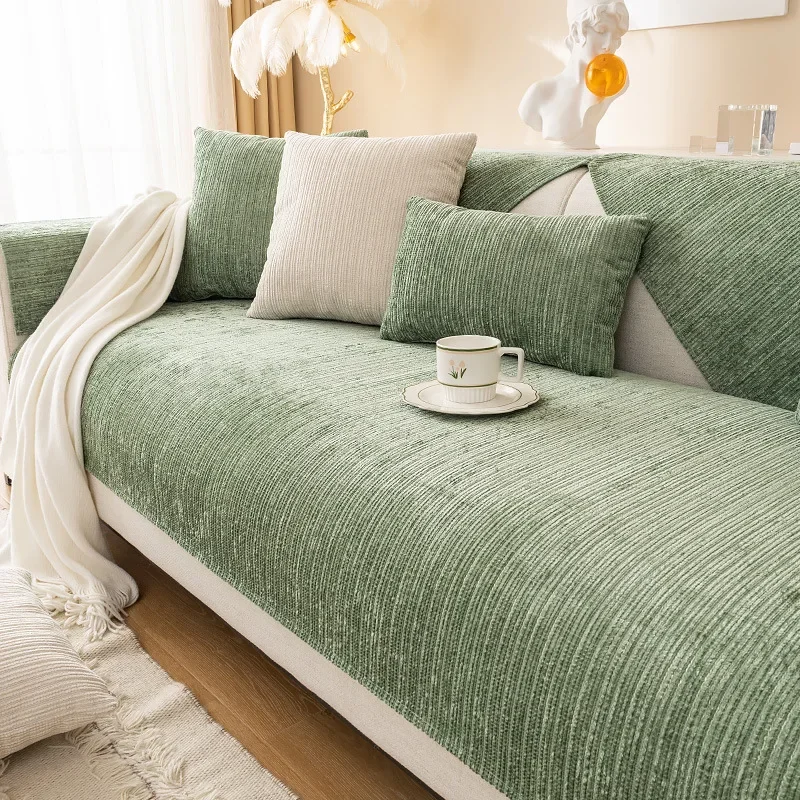 

Four Seasons Universal Chenille Sofa Cover Sofa Pad Solid Color Striped Sofa Mat for Living Room Non-Slip L Shaped Couch Cushion
