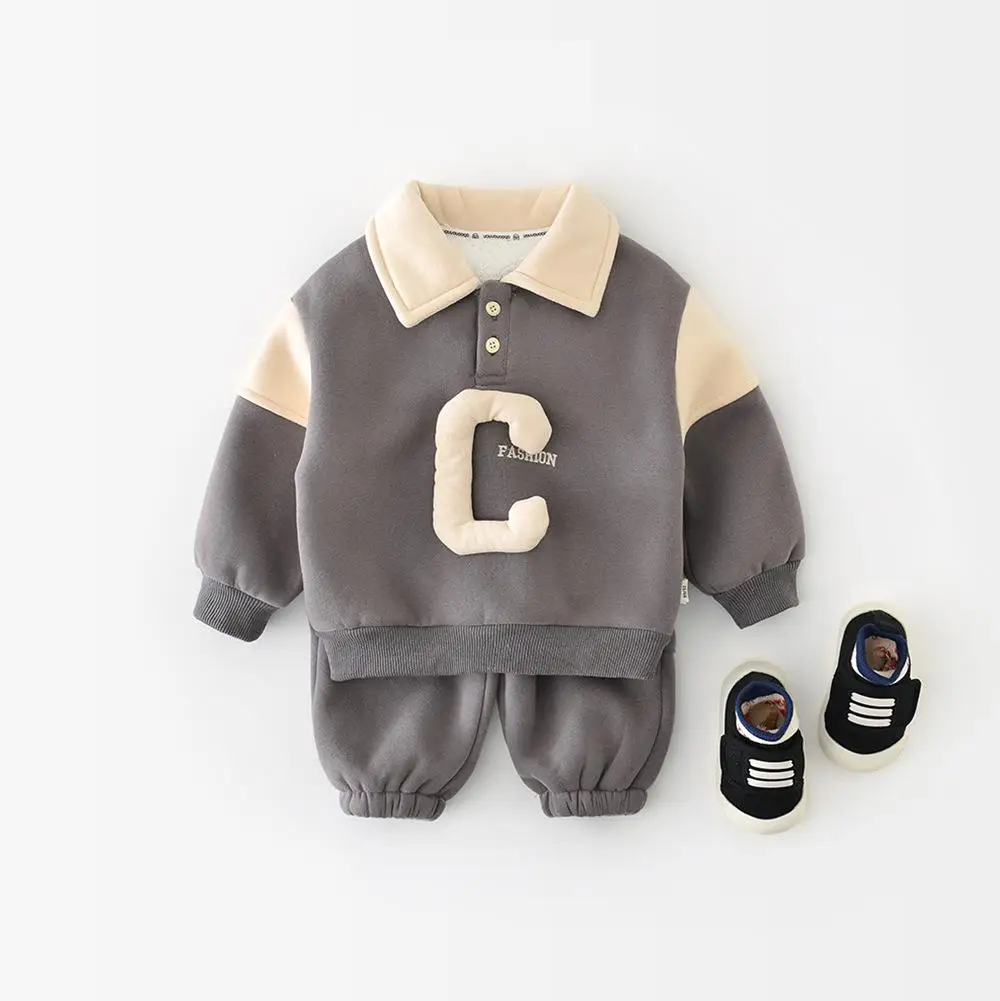 Boys Lapel Sweatshirt + Pants 2pcs Suit Infant Plus Velvet Thick Outfits 2025 Winter New Baby Long Sleeve Warm Clothes Set
