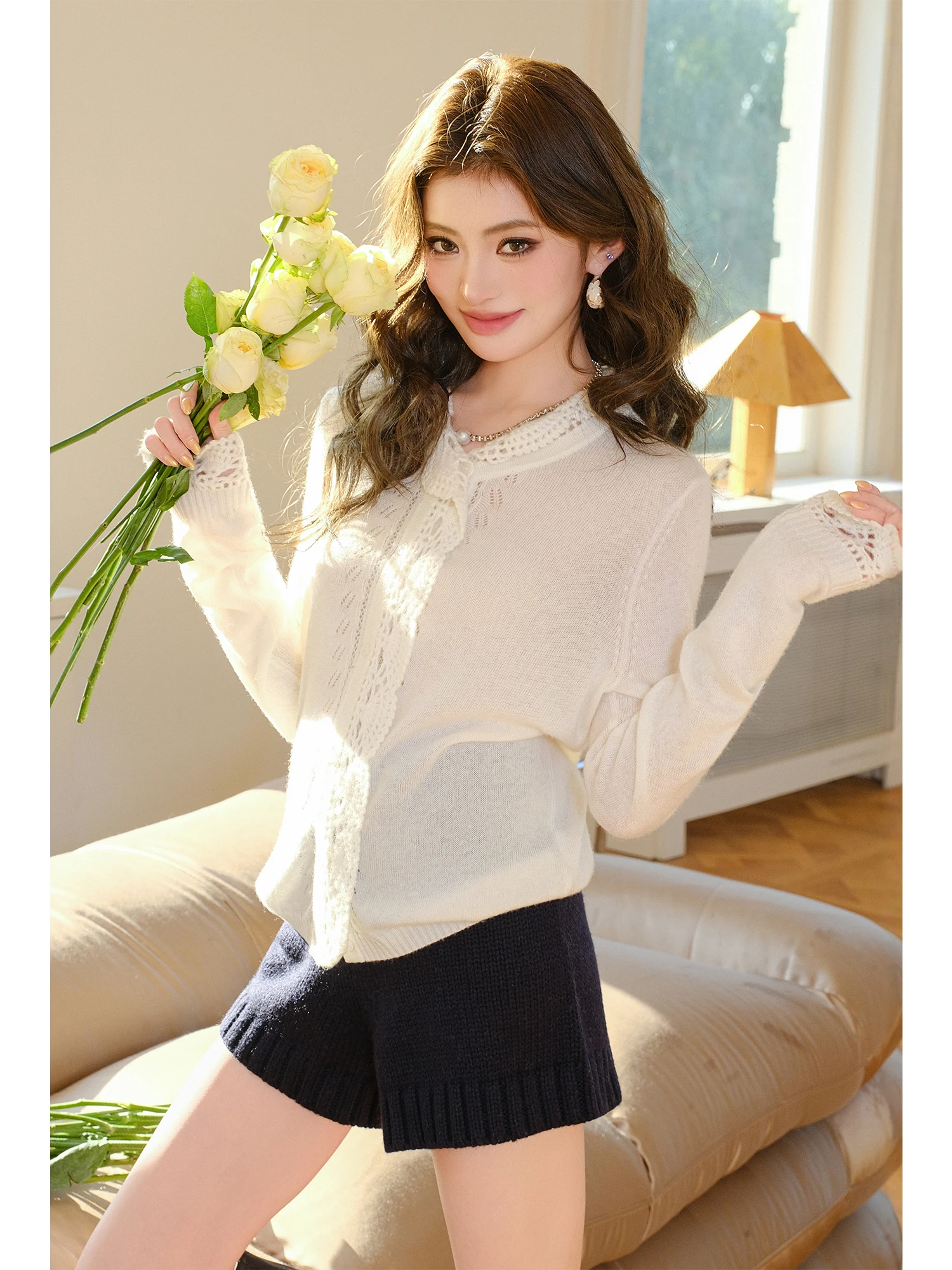 

MIUCO Handmade Crochet Lightweight Knitted Open Cardigan Lace Trim Versatile Base irt White Inner Sweater Women's Faion