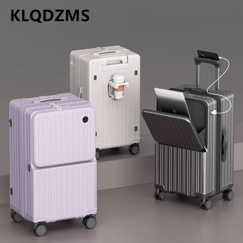 KLQDZMS Cabin Suitcase Front Opening Laptop Boarding Case Large Capacity Trolley Case USB Charging Multi-function Luggage