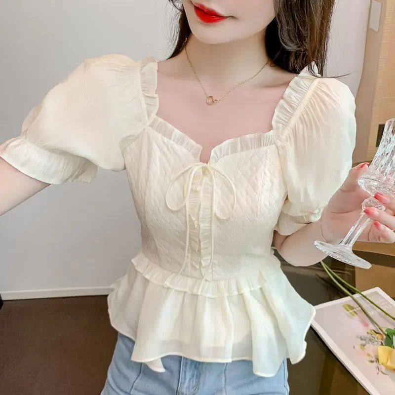 2024 New Summer Women Trendy Ruffles Lace Up Blouses Elegant Chic Sweet Short Sleeve Shirts Casual Square Collar Solid Slim Tops