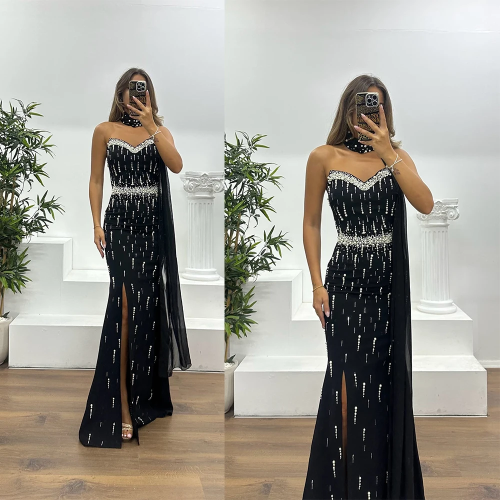 

Retro Pearls Evening Dresses Strapless Prom Gowns Beaded Sleeveless Side Split Princess Customized Vestidos De Noche