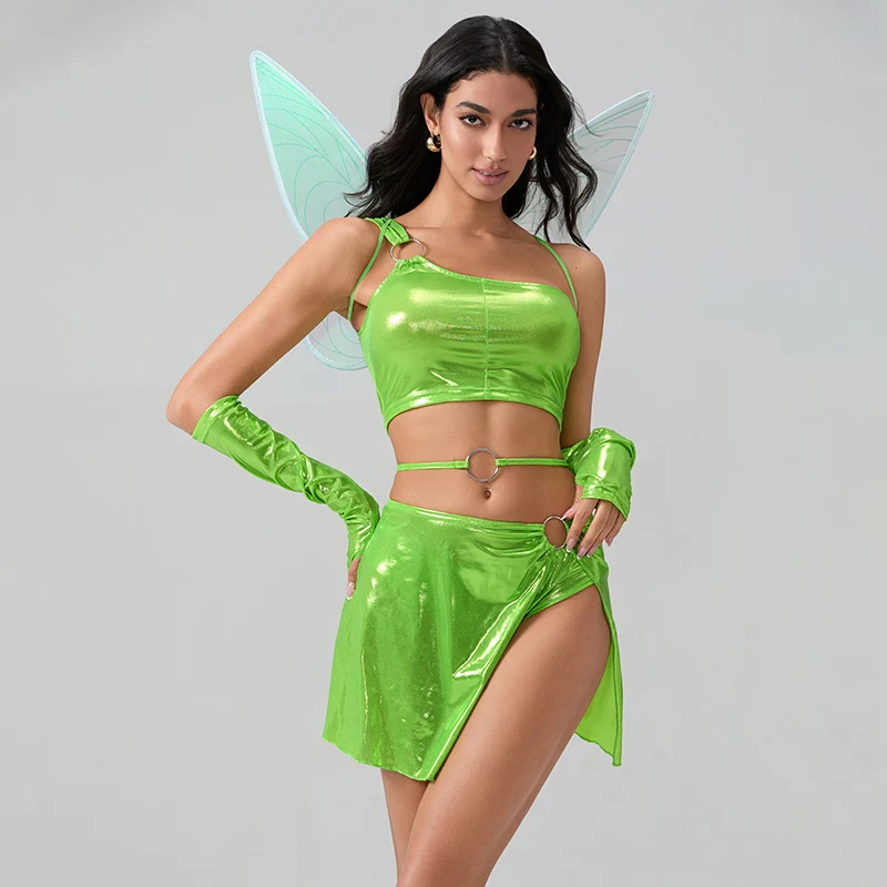 New Women Halloween Fairy Costume Deluxe Tank Tops Panty Skirt Arm Sleeves With Fairy Wings Cosplay Party Outfits S M L