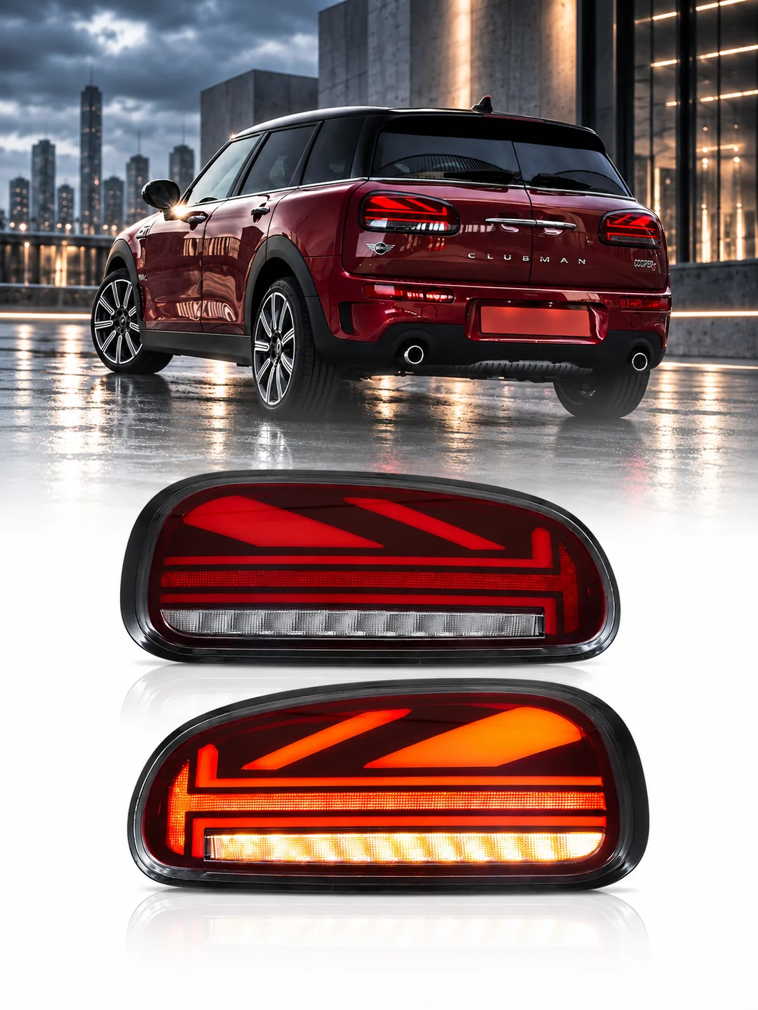 Voll-LED-Rückleuchten für Mini Clubman F54 2015-2023 mit roter Linse, Union Jack Design, sequenzieller Blinker, Brems- und Rückfahrleuchte, OEM-Ersatz