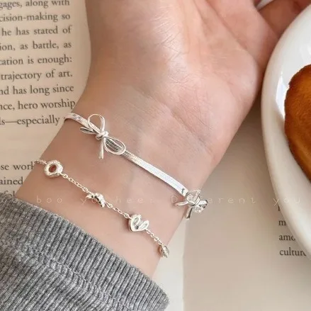 Bracelet Minimalist Silver Tone Snake Chain Bow Pretzel Stackable Versatile Daily Elegant Lightweight Comfortable Jewelry Women