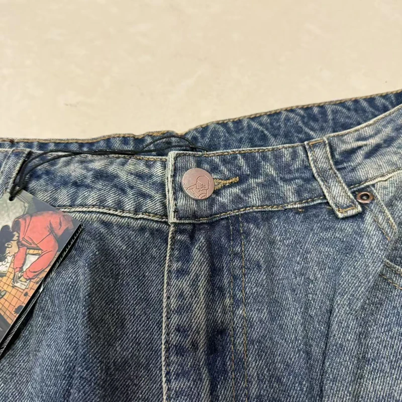 بنطلون جينز Derschutze ممزق ومطرز بأرجل مستقيمة Y2K للجنسين من ماركة DERSCHUTZE من قماش الدنيم #5