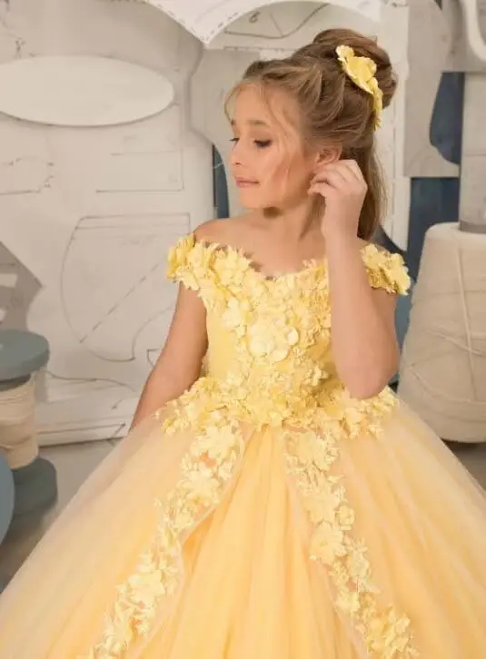 Elegant Chiffon Flower Girl Dress Off The Shoulder, First Communion Dress, with Gorgeous Lace Decals, Birthday Party Dance Dress