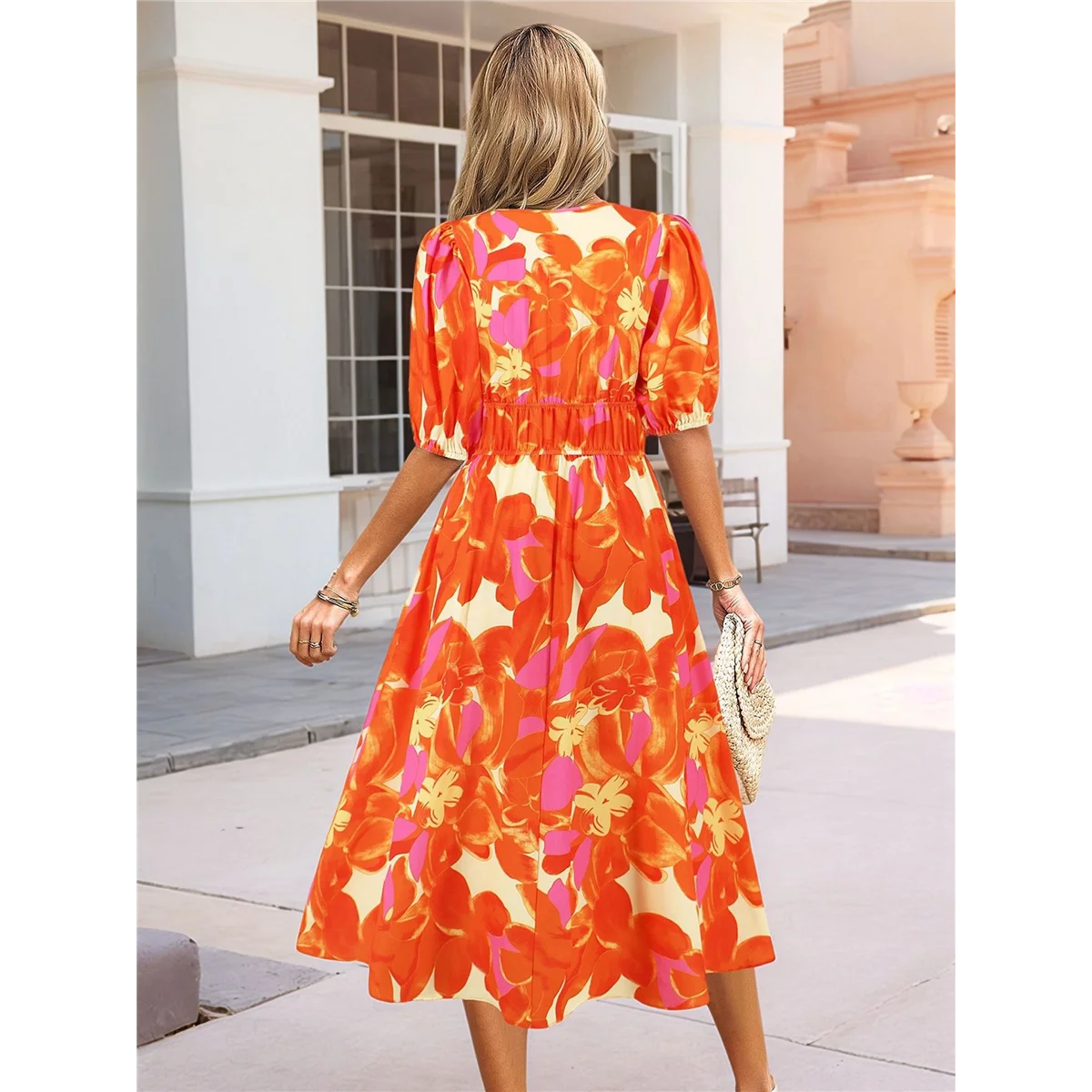 ABRT-Vestido floral con cuello en V para mujer Verano 2025, vestido largo plisado bohemio fluido con mangas abullonadas