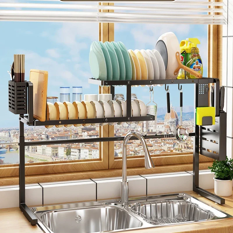 Double metal shelf above the sink dish drying racks with kitchen utensil drainer Storage Rack