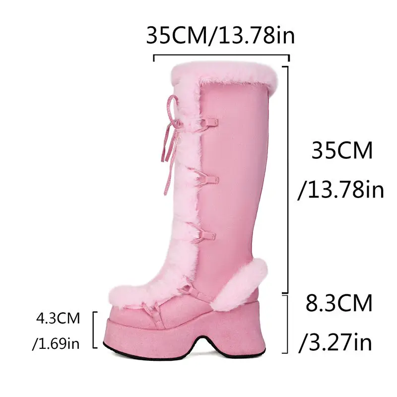 SIMLOVEYO mode femme hiver bottes de neige bout rond talons épais 8.3 cm plate-forme 4.3 cm à lacets fourrure mixte chaud genou Bota 42 43