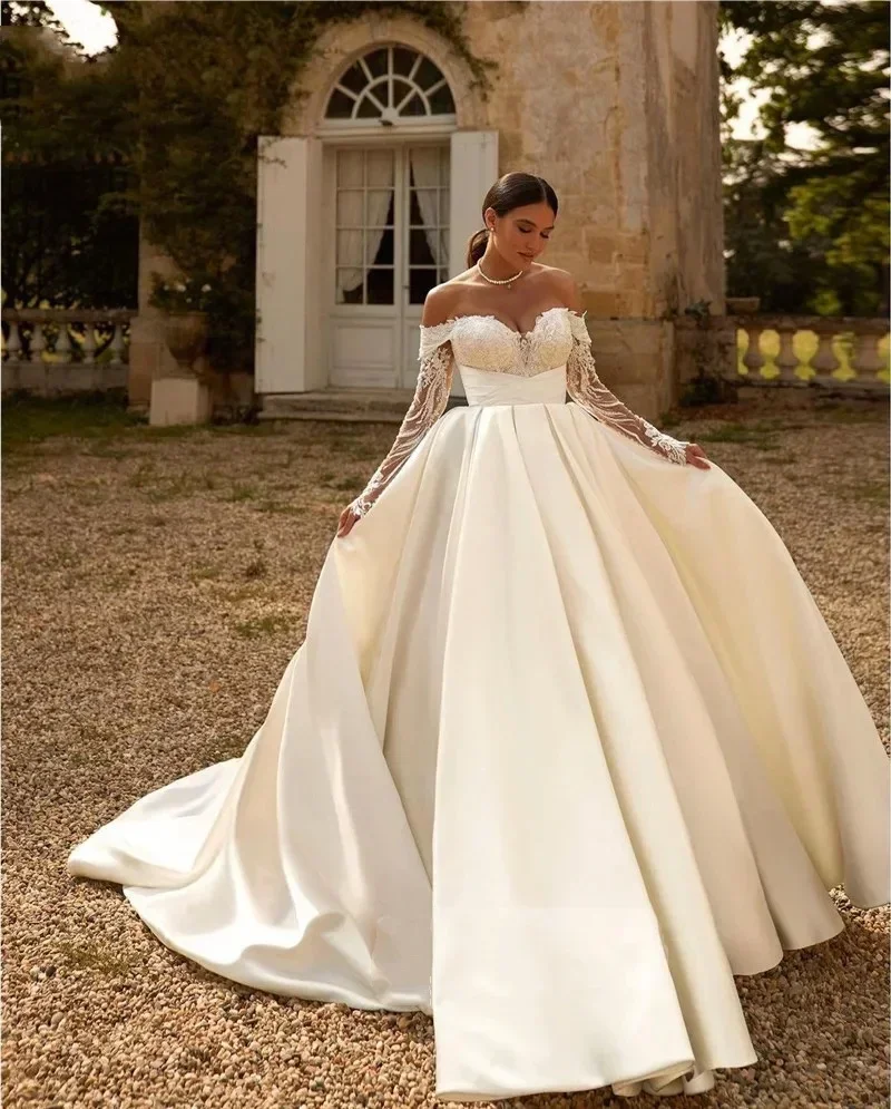Customzied New Sweetheart Neck Wedding Dresses Off Shoulder Simple Satin Lace Appliques Bridal Gown Vestidos De Noiva