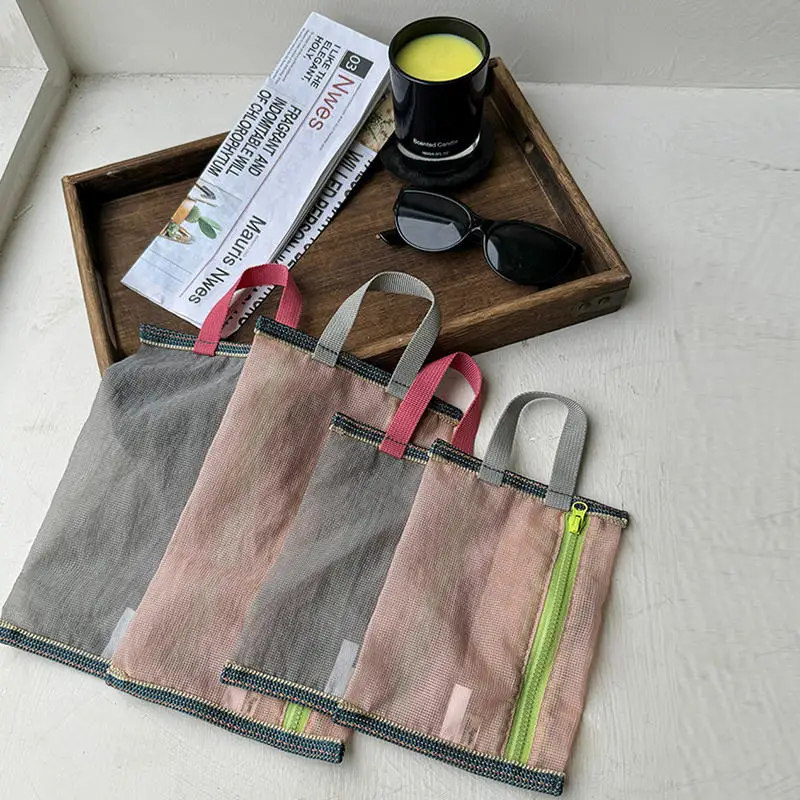 Translucent Mesh Nylon Storage Bag Portable Zipper Handbag Functional Cosmetic Pouch Pencil Case Documents Paper Organizer