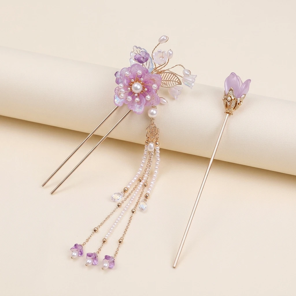 

Purple Flower Hair Stick Sets For Women Chinese Wedding Hanfu Hair Accessories Vintage Pearl Long Tassel Alloy Hairpin Chopstick