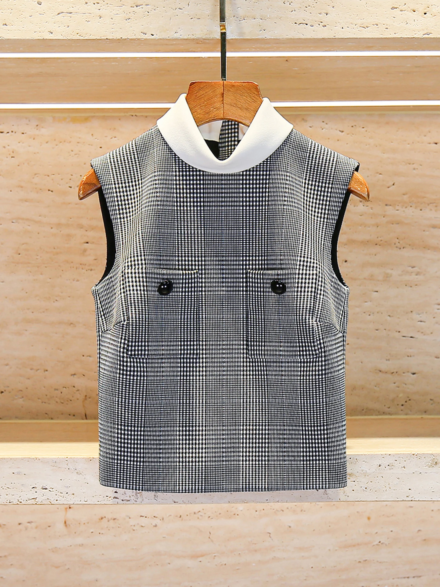 

High-End Retro Sle Plaid Stand Collar Vest Top Women's Summer Faion SP Home South Oil Ladies' Jaet