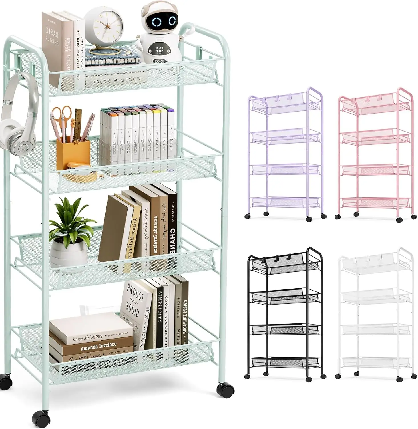

4-Tier Rolling Cart, Metal Utility Cart with 3 Hooks, Easy Assemble Mobile Storage Trolley On Wheels, Metal Shelving Units