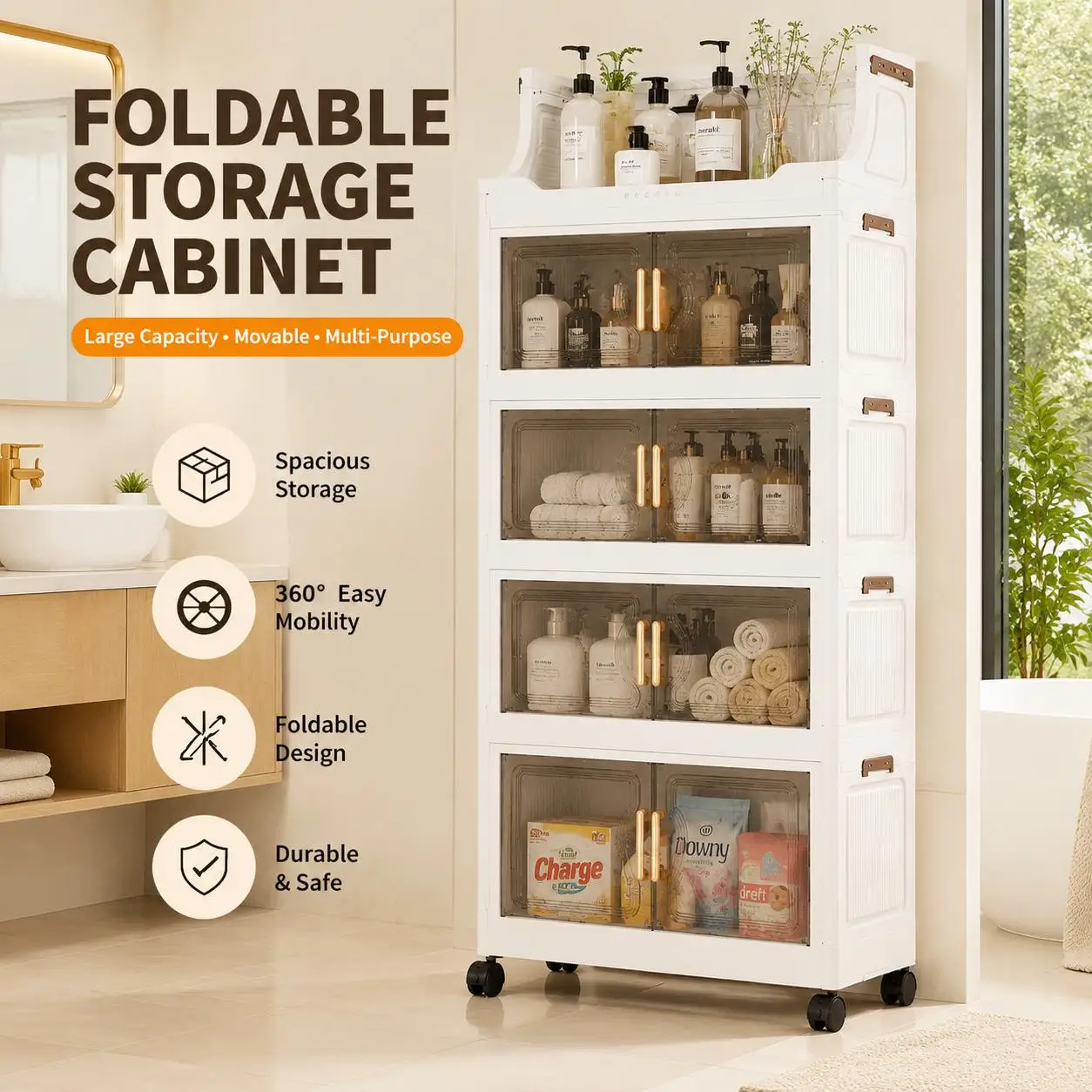Foldable Waterproof Bathroom Storage Cabinet with Wheels | Large Capacity Rolling Organizer for Small Space Home Bathroom Kitchen Apartment | Space Saving & Easy Move Storage Rack